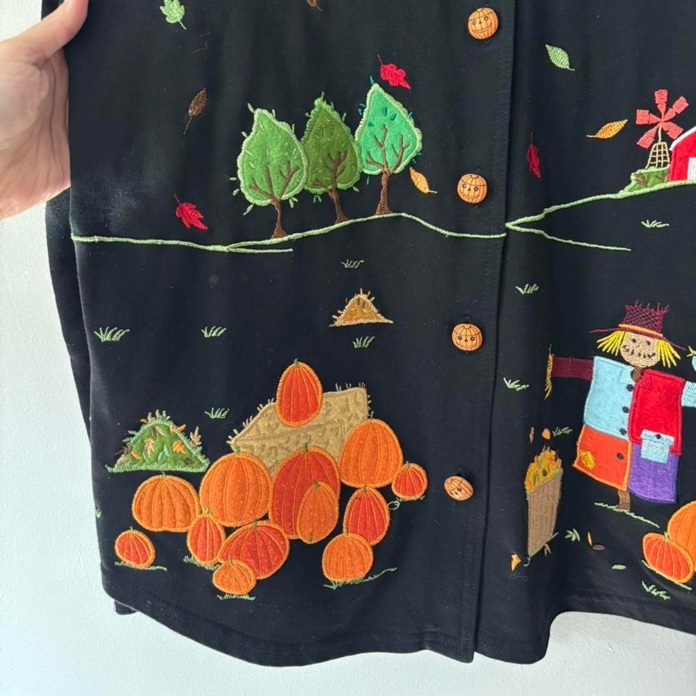 Vintage Grunge Black Embroidered Scarecrow Retro Pumpkin Fall Shirt - Medium - Picture 4 of 8